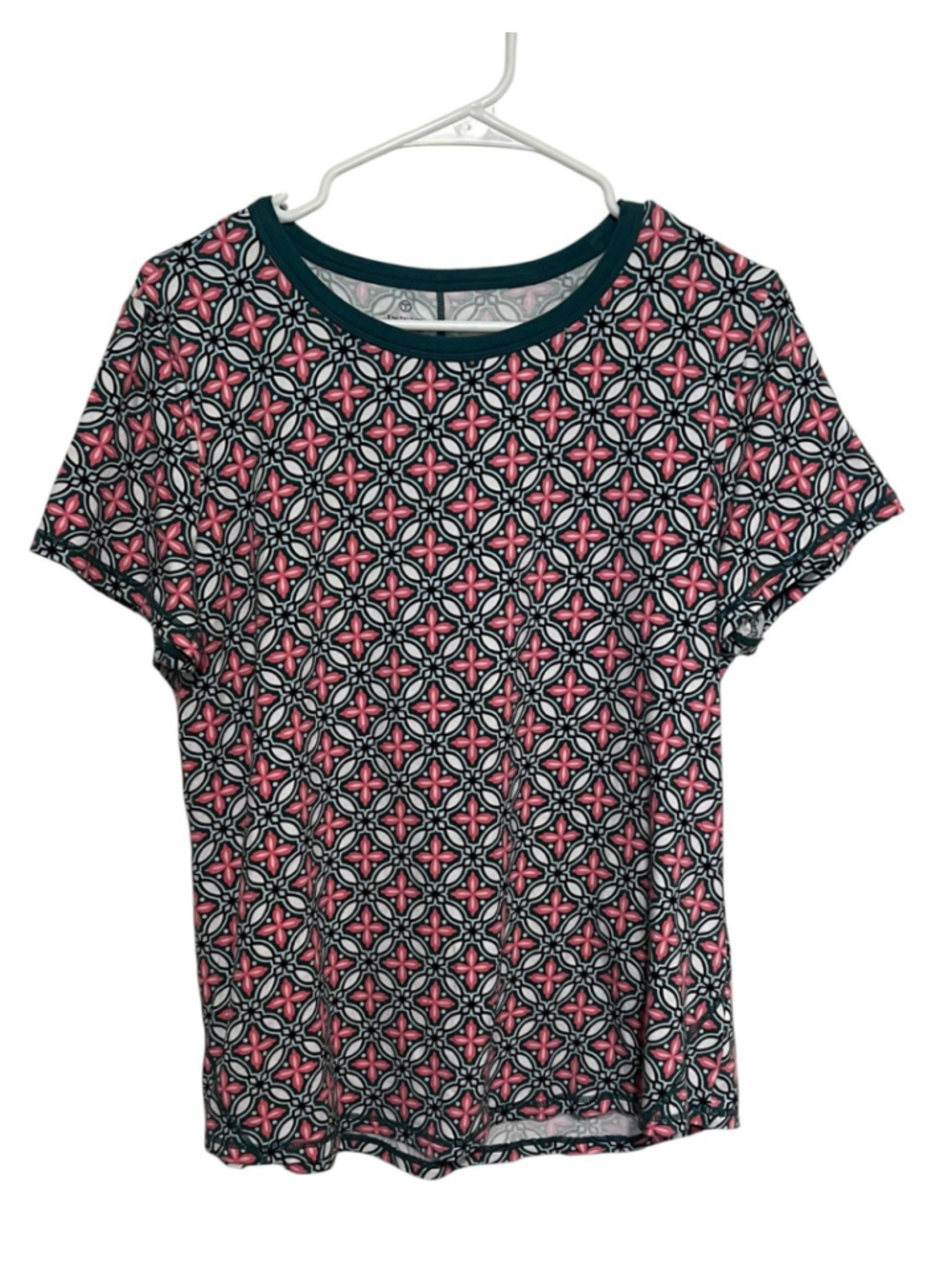 T by Talbots T-Shirt High Tide Tile Print Large Green Pink Cotton Stretch Tee